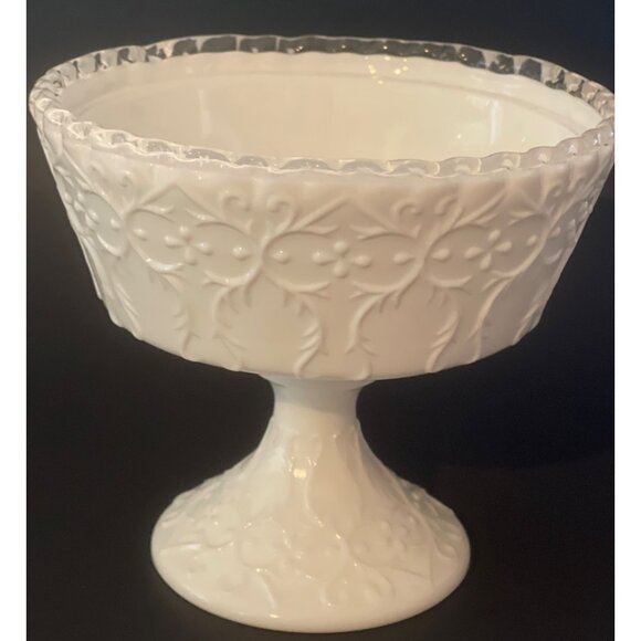 Fenton Milk Glass Compote Spanish Lace Silver Crest Pedestal Vintage 6" x 6.5" - Picture 11 of 12